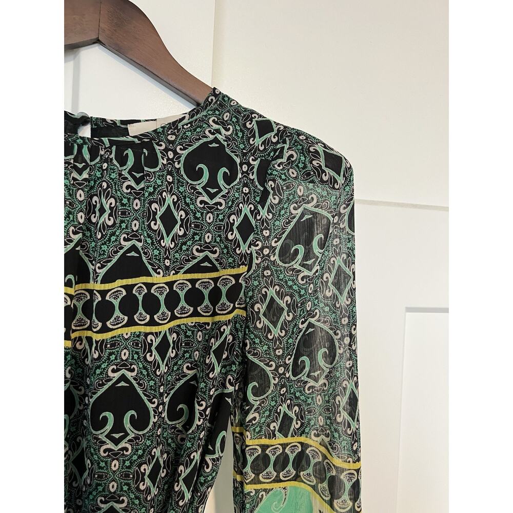 LOFT Dress Sheer Black Green Knee Length Size XS Petite. Tie Waist - Picture 3 of 11